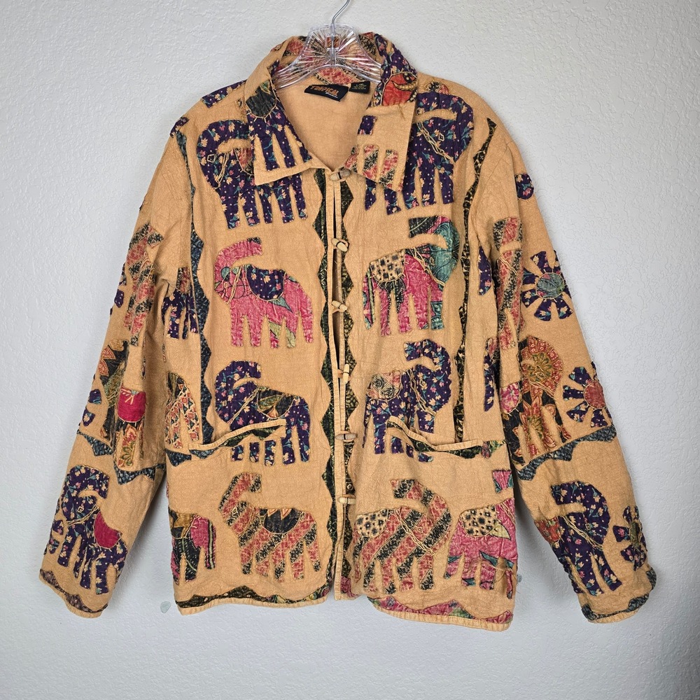 Vintage Elephant Patchwork Cotton Jacket Womens L/XL Brown Boho Toggle‎ Button